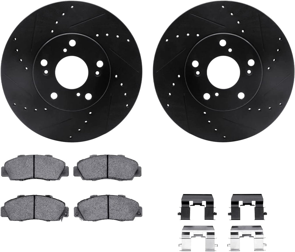 Front Brake Rotors-Drilled and Slotted-Black with 5000 Euro Ceramic Brake Pads Includes Hardware 8612-59004