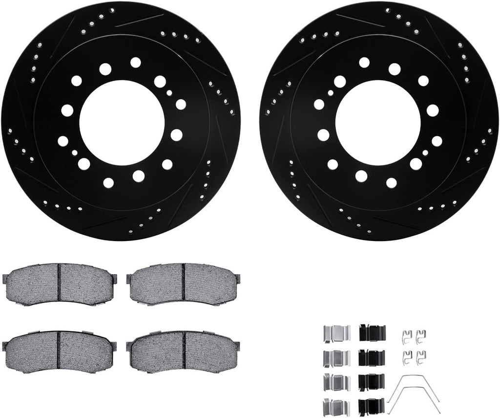 Rear Brake Rotors-Drilled and Slotted-Black with Ultimate Duty Performance Brake Pads Includes Hardware 8412-76016