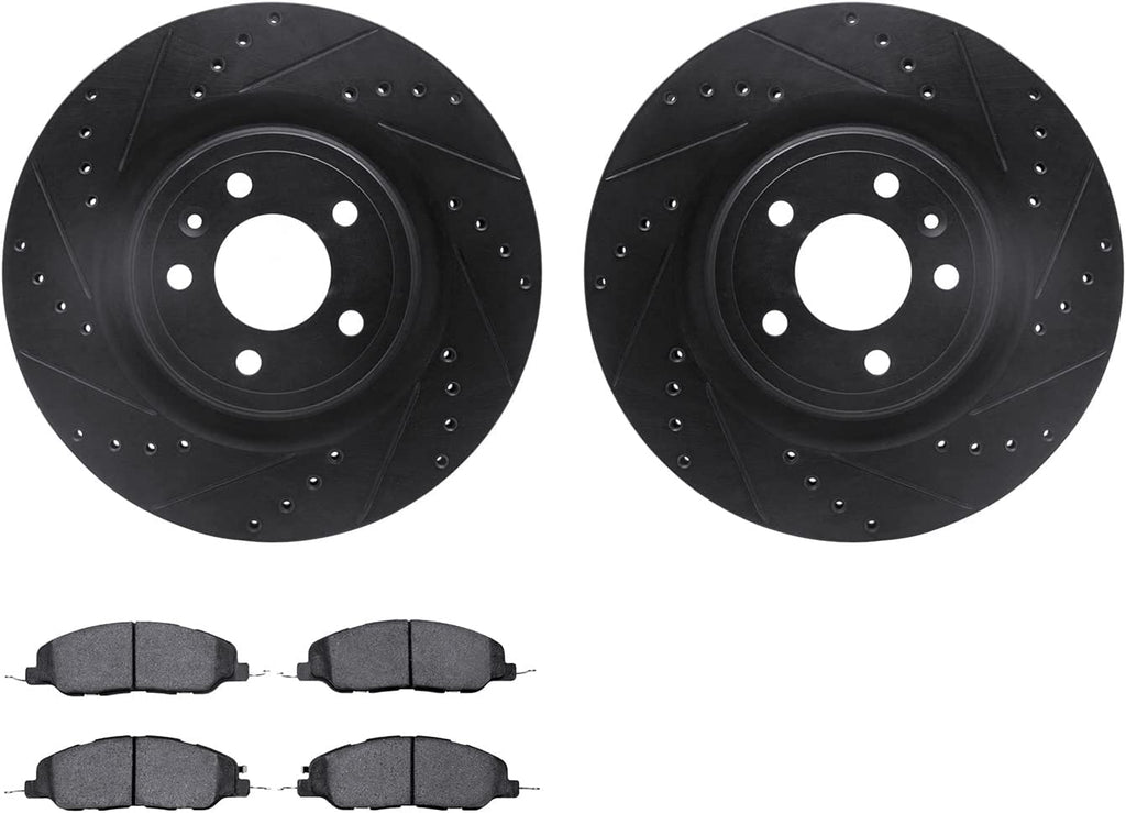 Front Brake Rotors-Drilled and Slotted-Black with 5000 Euro Ceramic Brake Pads 8602-54018