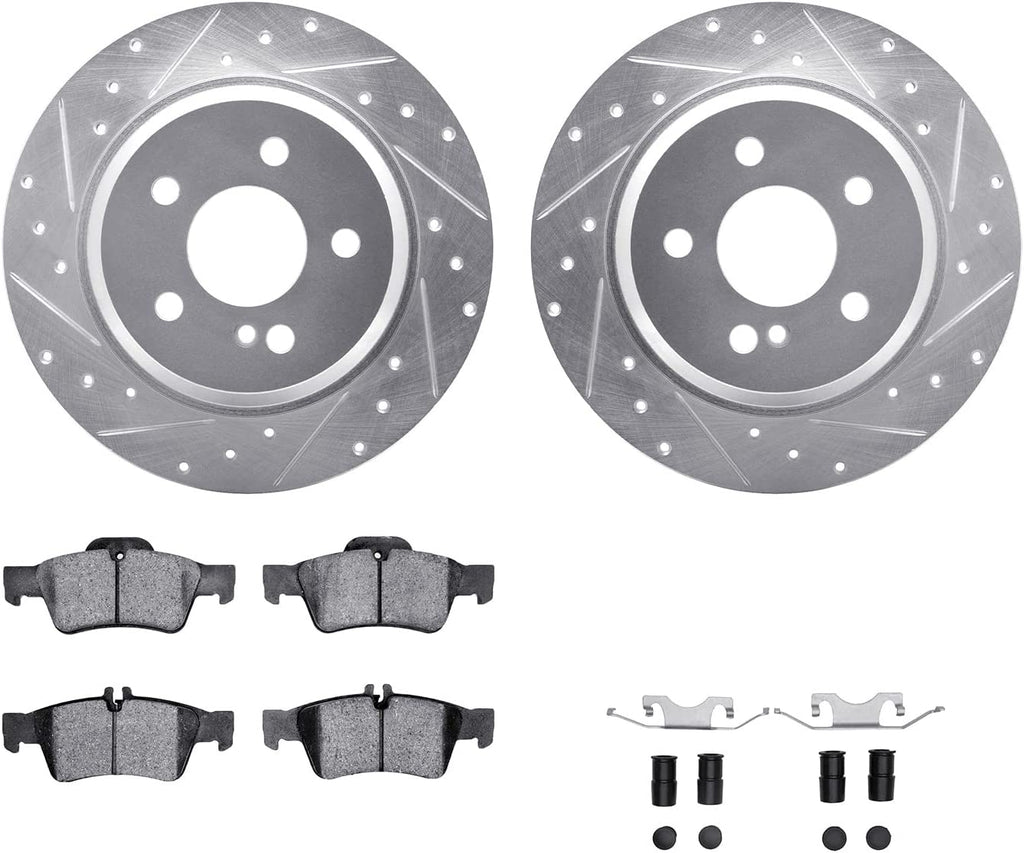 Rear Brake Rotors-Drilled and Slotted-Silver with 5000 Euro Ceramic Brake Pads Includes Hardware 7612-63064