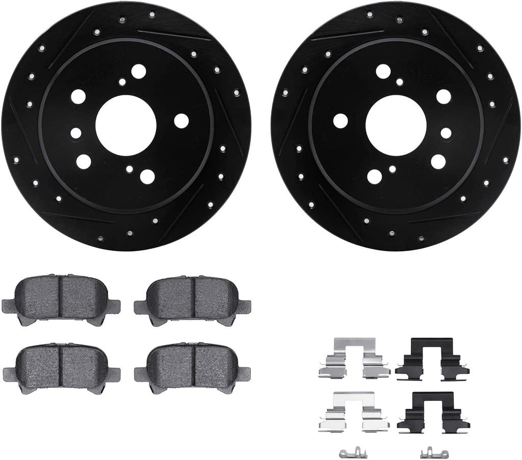 Rear Brake Rotors-Drilled and Slotted-Black with 5000 Advanced Brake Pads Includes Hardware 8512-76121