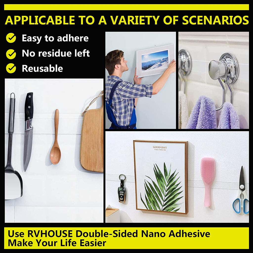 Rvhouse Double Sided Tape 1.18" Medium Roll Clear Mounting Tape Nano Removable Tough Sticky Adhesive for Carpet Picture Poster Office Home RV Decoration 1 Pack