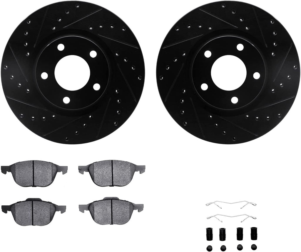 Front Brake Rotors-Drilled and Slotted-Black with 5000 Euro Ceramic Brake Pads Includes Hardware 8612-80006