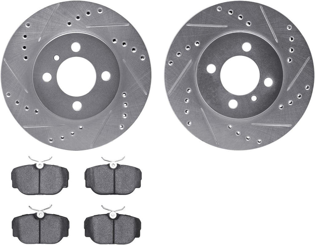 Front Brake Rotors-Drilled and Slotted-Silver with 5000 Euro Ceramic Brake Pads 7602-31016