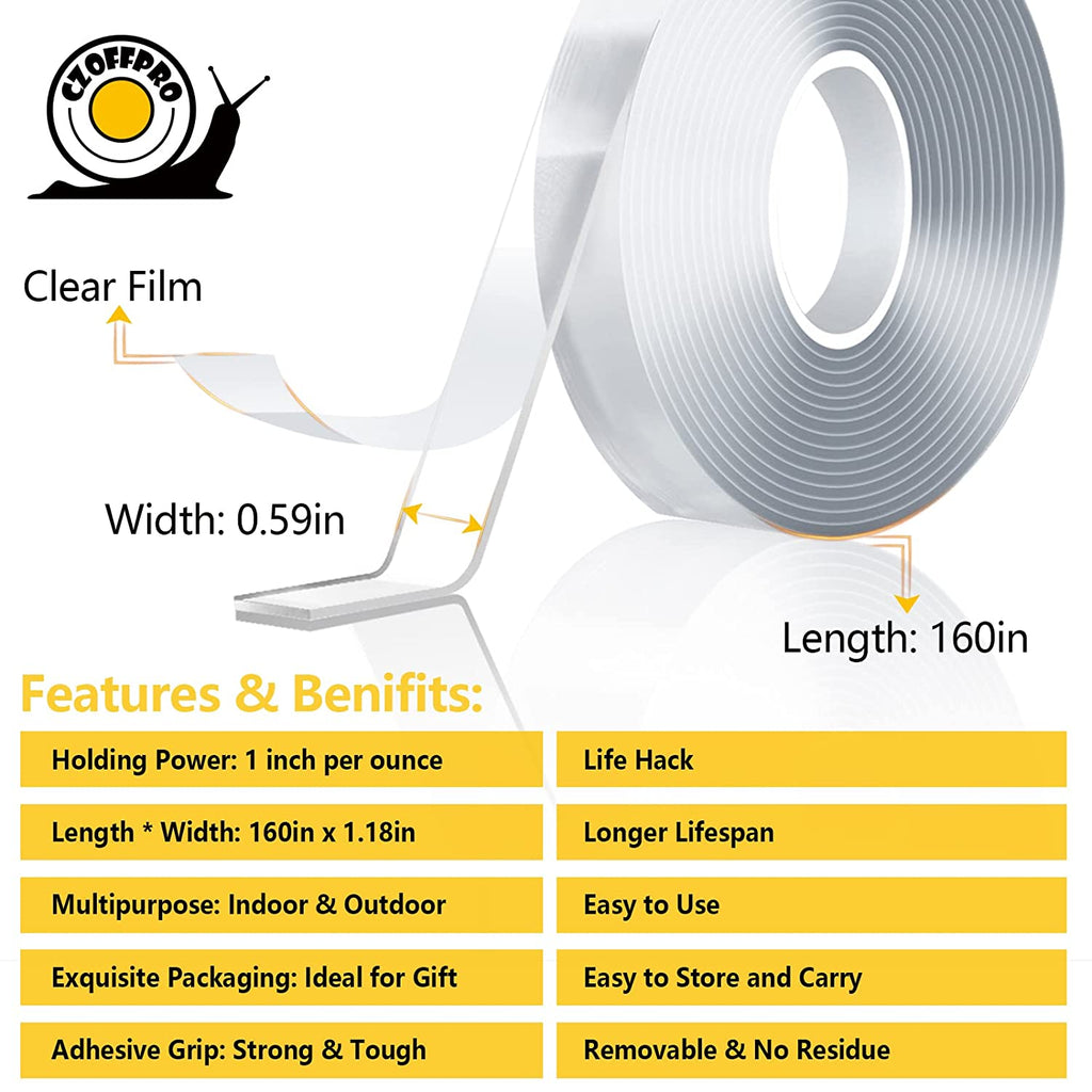 Double Sided Tape Fpr Wall Strong Picturing Hanging Strips Two Sided Tape Nano Adhesive Mounting Tape Transparent Double Stick Wall Tape Poster Carpet Tape, 0.59In X 160 in X 3 Packs
