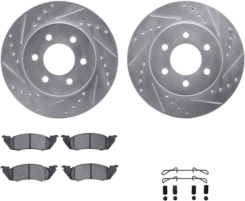 Front Brake Rotors-Drilled and Slotted-Silver with Heavy Duty Brake Pads Includes Hardware 7212-40129