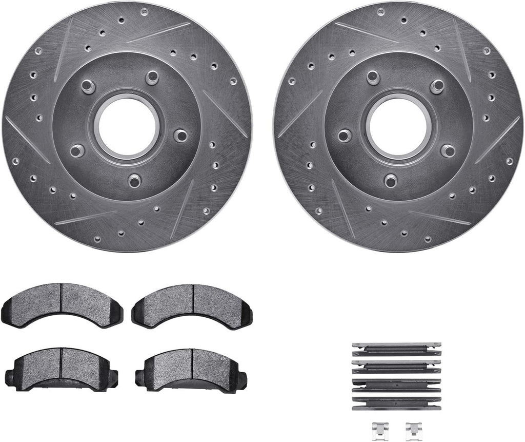 Front Brake Rotors-Drilled and Slotted-Silver with Ultimate Duty Performance Brake Pads Includes Hardware 7412-54012