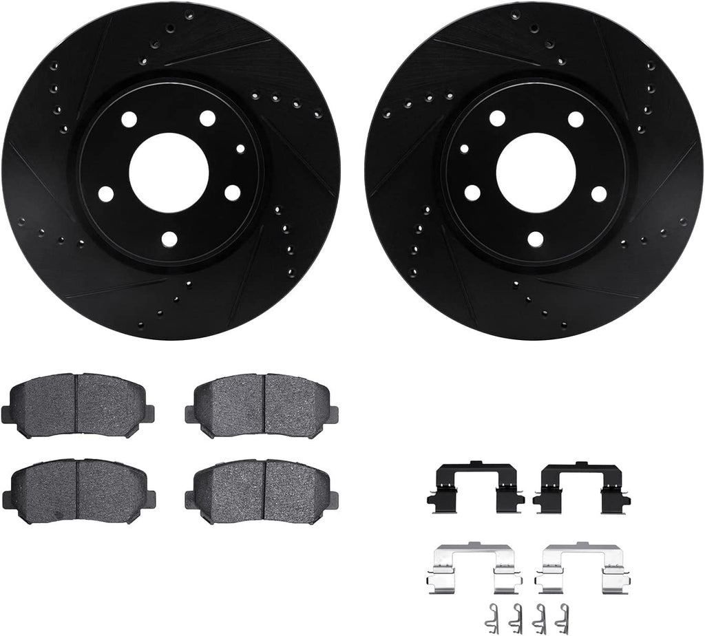 Front Brake Rotors-Drilled and Slotted-Black with 5000 Advanced Brake Pads Includes Hardware 8512-80074