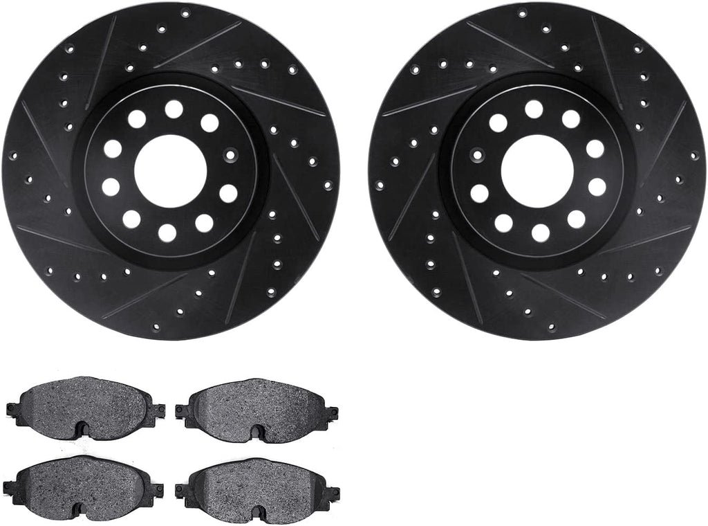 Front Brake Rotors-Drilled and Slotted-Black with 5000 Euro Ceramic Brake Pads 8602-74058